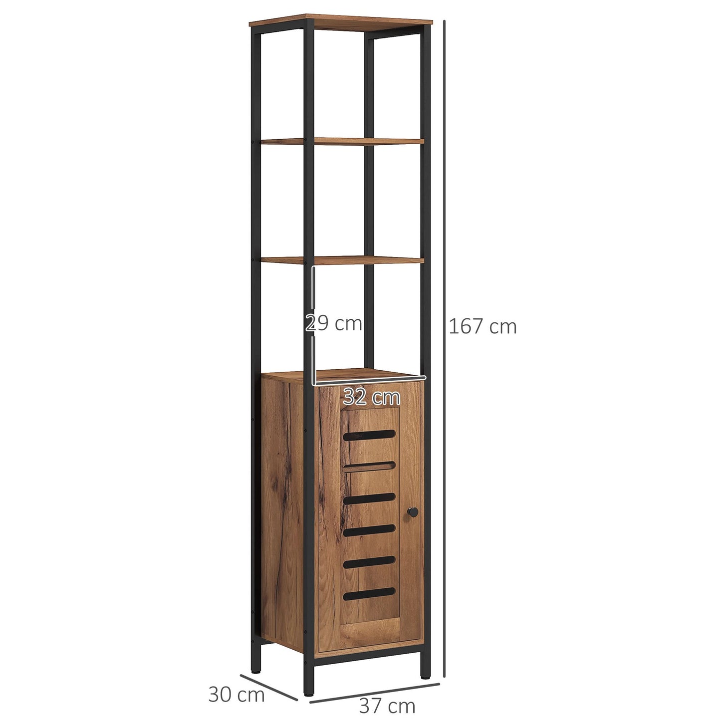 Badkamerkast – Kolomkast – Opbergkast – Toiletkast – Badmeubel – Industrieel Design – 37x30x167 cm – MDF met Stalen Frame – Verstelbare Planken & Ventilerende Lattendeur – Kastanje Bruin