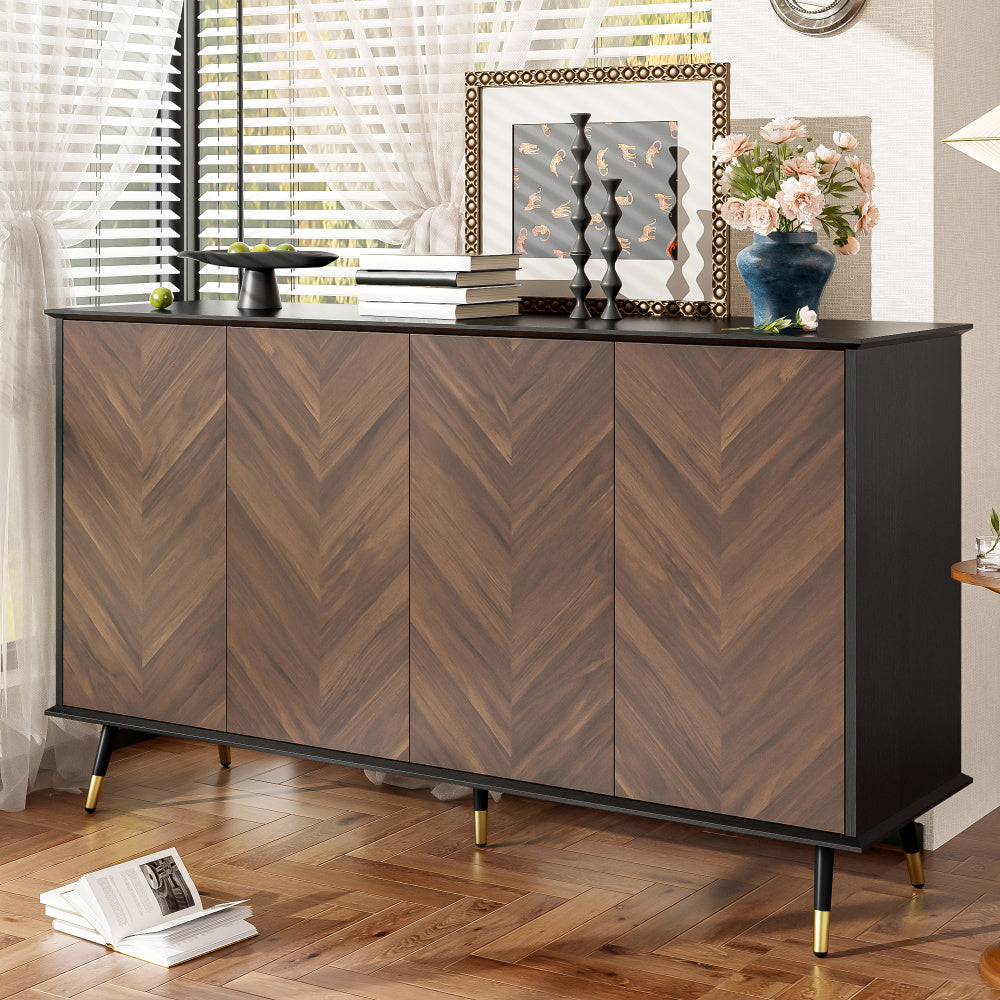 Dressoir – Sideboard – Opbergkast – Ladekast – Wandkast – Modern Design – Verstelbare Planken – Zwart & Donkerbruin – 4-Deurs – Ruimtebesparend – Eenvoudige Montage