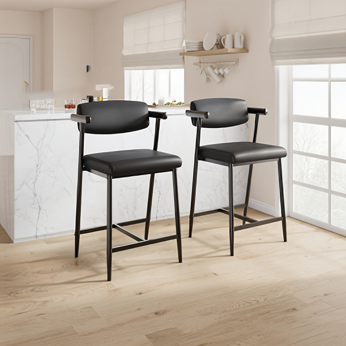 Barkrukken – Barstoelen – Keukenkrukken – Counterstoelen – Barkruk Set Zwart – Stevig Metalen Frame – Ergonomische Rugleuning en Voetsteun