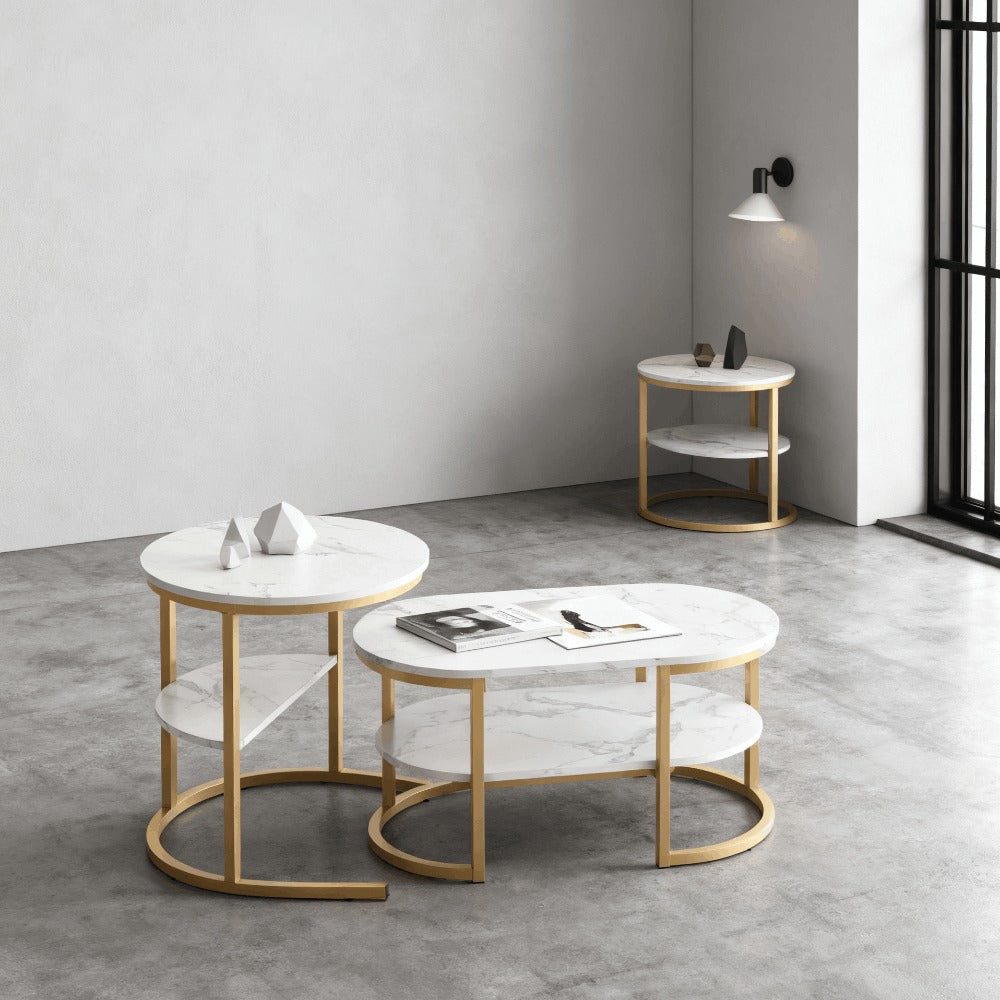 Salontafel – Woonkamertafel – Koffietafel – Bijzettafel – Tafelset – Met Opbergruimte – Met Marmerlook Tafelblad – Verstelbare Metalen Poten – Rond en Ovaal