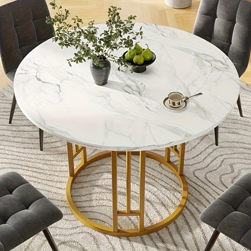 Eettafel – Ronde Tafel – Keukentafel – Dinertafel – Huiskamer Tafel – Marmerlook MDF Blad – Gouden Metalen Poot – Compact 80x80x76 cm – Voor 4 Personen