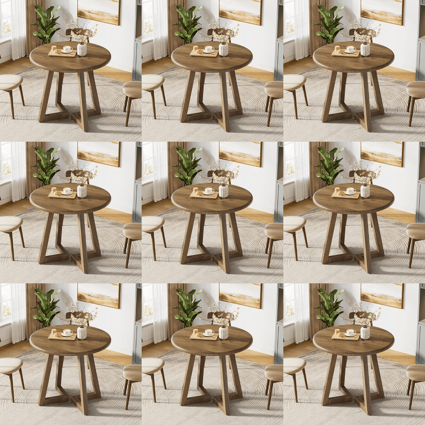 Ronde Eettafel – Kleine Tafel – Keukentafel – Ontbijttafel – Tafeltje – MDF Houtnerf – 80 cm Diameter – Geschikt Voor 2-4 Personen – Verstelbare Voetjes – Bruin