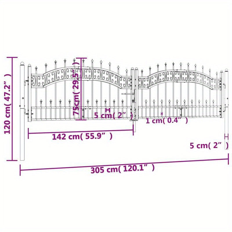 Poort Met Latten – Tuinpoort – Metalen Poort – Hekwerk – Looppoort – Zwart Gepoedercoat Staal – Weerbestendig – 305x120 cm