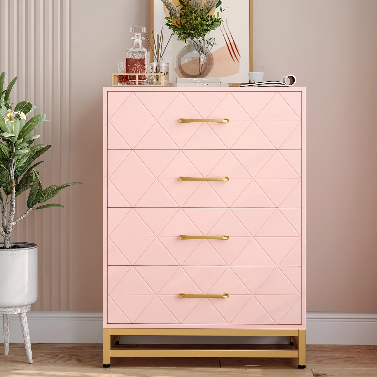 Ladekast – Dresser – Kast – Opbergkast – Ladekastje – Roze met Gouden Accenten – 3,2+ Kubieke Voet Opbergruimte – 68,5 cm Hoog – 2 Laden en 2 Planken – Stevig en Duurzaam – Eenvoudig Zelf Te Monteren