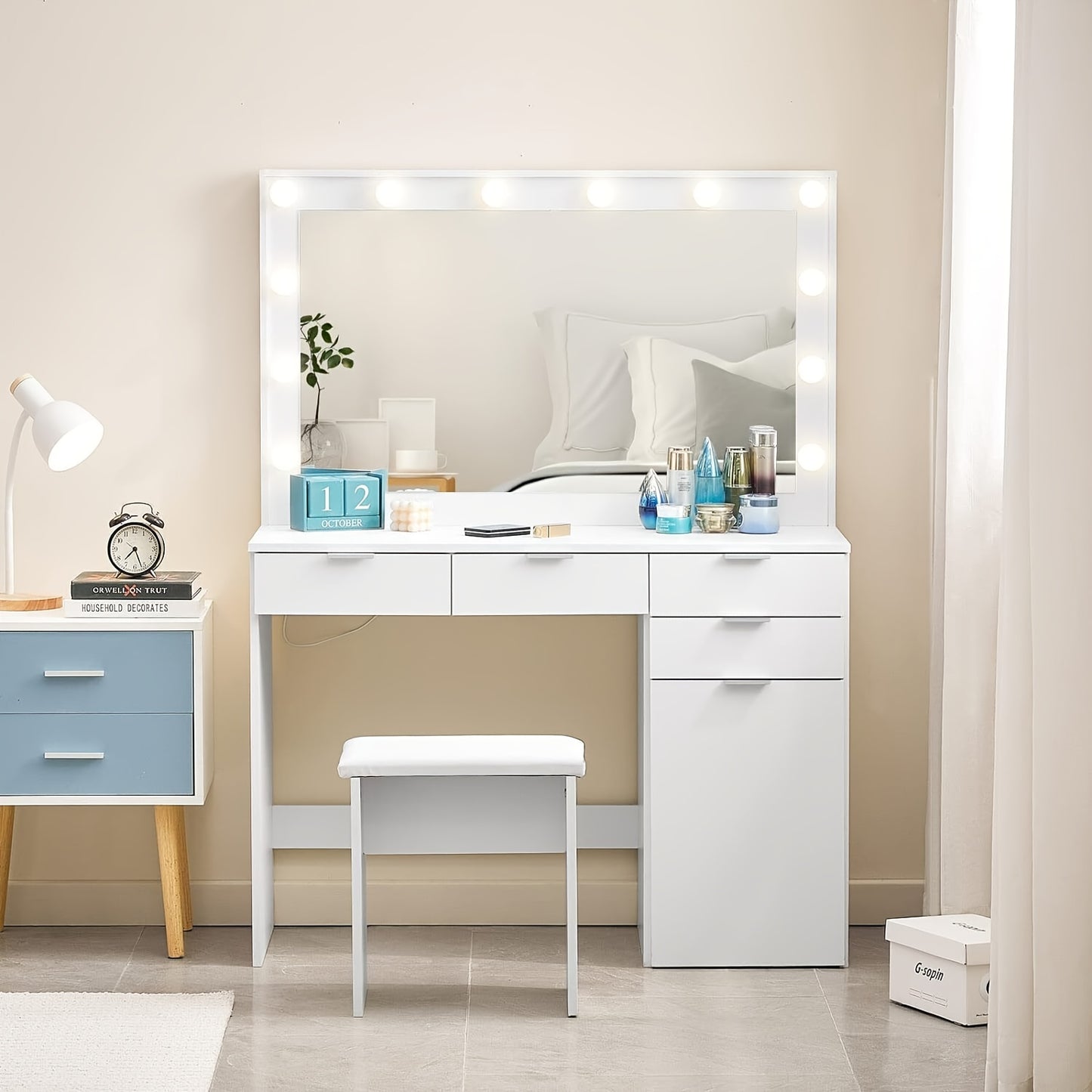 White Vanity Desk with a Mirror And Stool, Featuring Drawers And Modern Design, Equipped with 12 Adjustable LED Lights for Brightness Control.