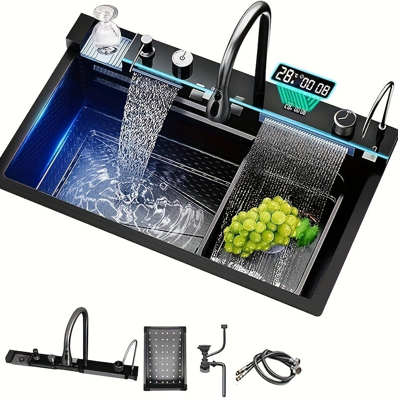 Keukenkraan – Keukenset – Mengkraan – Spoelbak – Sproeikop – RVS – Uittrekbare Watervalkraan – Digitale Kraan – 68x45 cm – Glazen Spoelunit