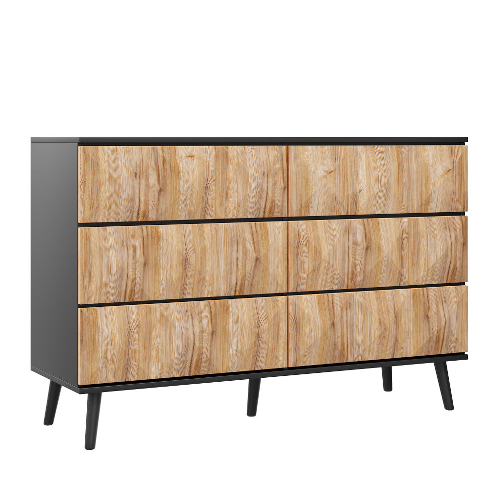 Dressoir – Opbergkast – Ladekast – Buffetkast – Kast – Modern Design – Zwart Met Natuurlijk Houtaccent – Met Lade(s) En Verhoogde Deuren – Gemakkelijk Montage – Niet-Houten Materiaal