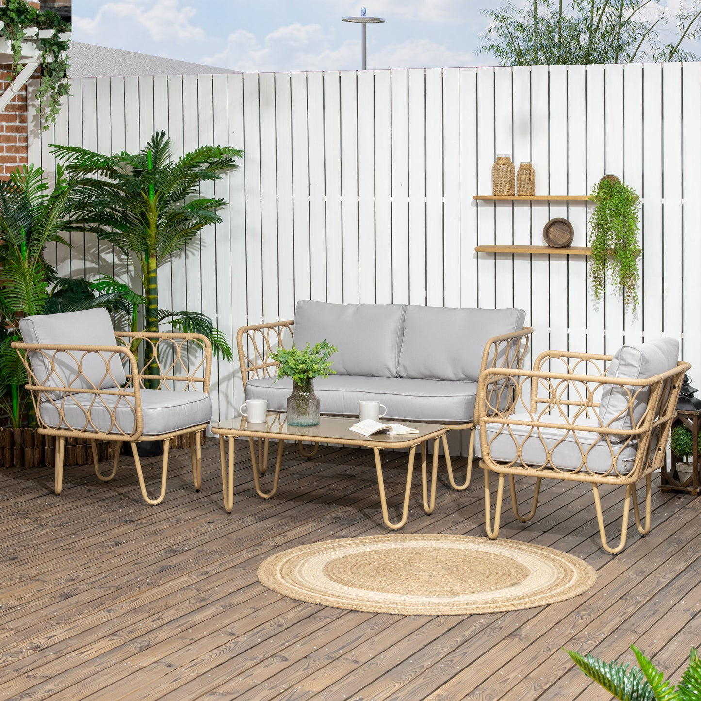 Tuinmeubelset – Tuinbank – Loungeset – Buitenmeubilair – Tuinset 4 Personen – Weerbestendig Metaal – Tempered Glass Tafelblad