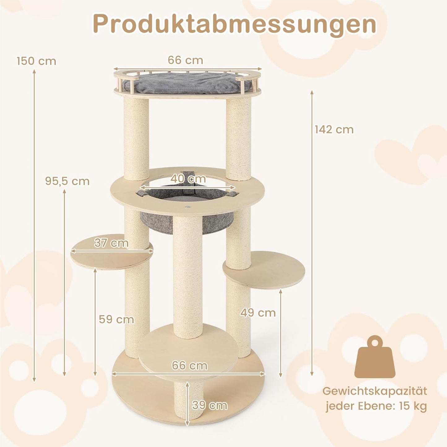 Kattenboom – Krabpaal – Klimboom – Kattenhuis – Kattenmeubel – 150 cm Hoog – Stevige Sisal Krabpalen
