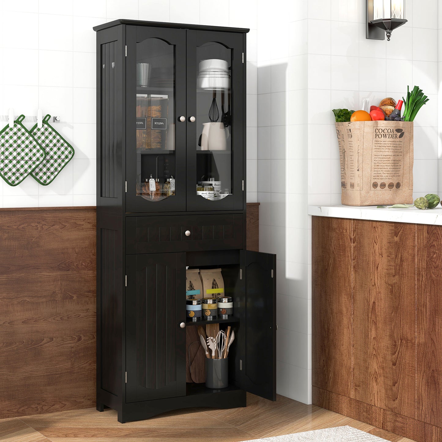 Hoge Opbergkast – Badkamerkast – Linnenkast – Keukenkast – Voorraadkast – Zwart MDF Met Veiligheidsglas – 160 cm Hoog – Anti-Kantelveiligheid