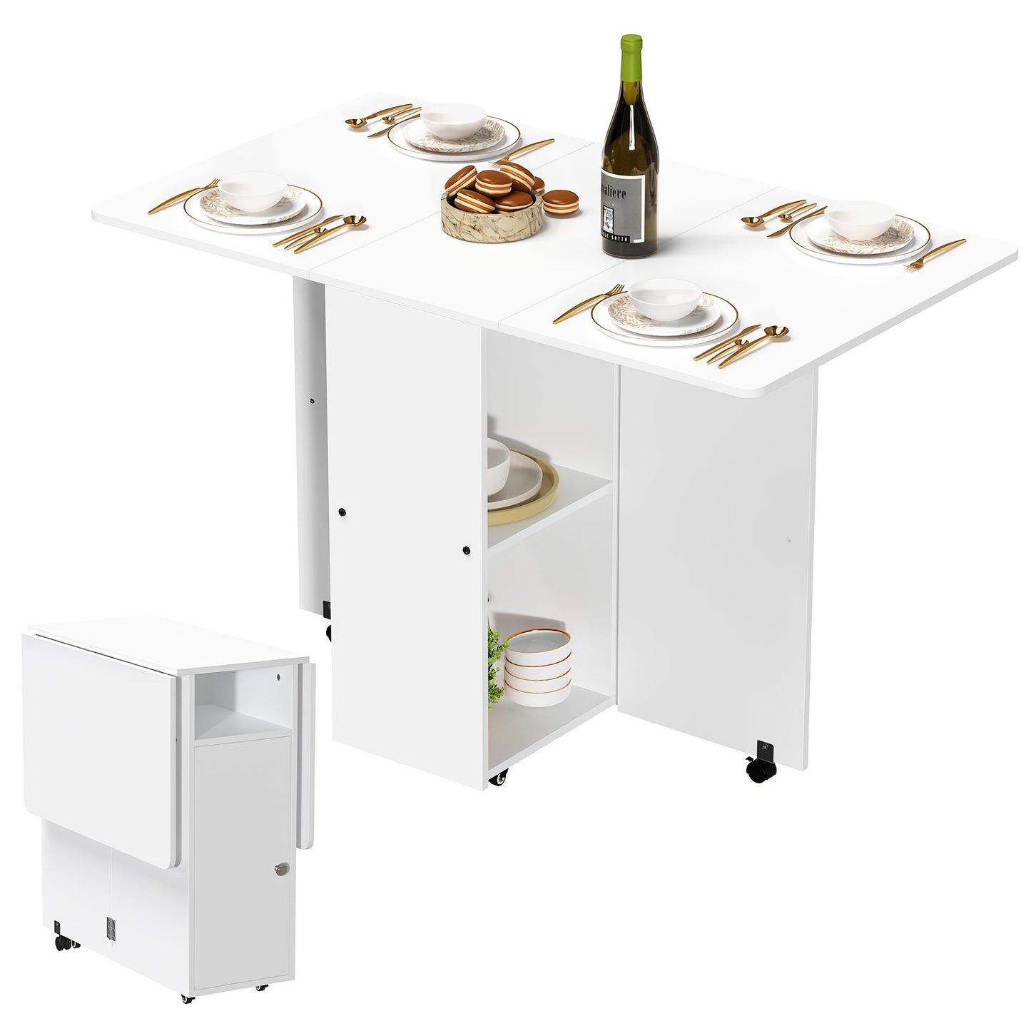 Inklapbare Eettafel – Opklapbare Tafel – Vouwtafel – Verplaatsbare Tafel – Compacte Tafel – Met Wieltjes – Ingebouwde Opbergruimte – 120x70x78 cm – Wit
