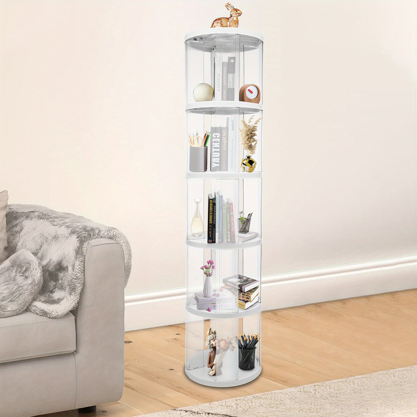 Draaibare Boekenkast – Rondebladkast – Boekenrek – Opbergkast – Draaisysteem – Modern Design – 5 Transparante Planken – Ruimtebesparend & Duurzaam ABS-PET
