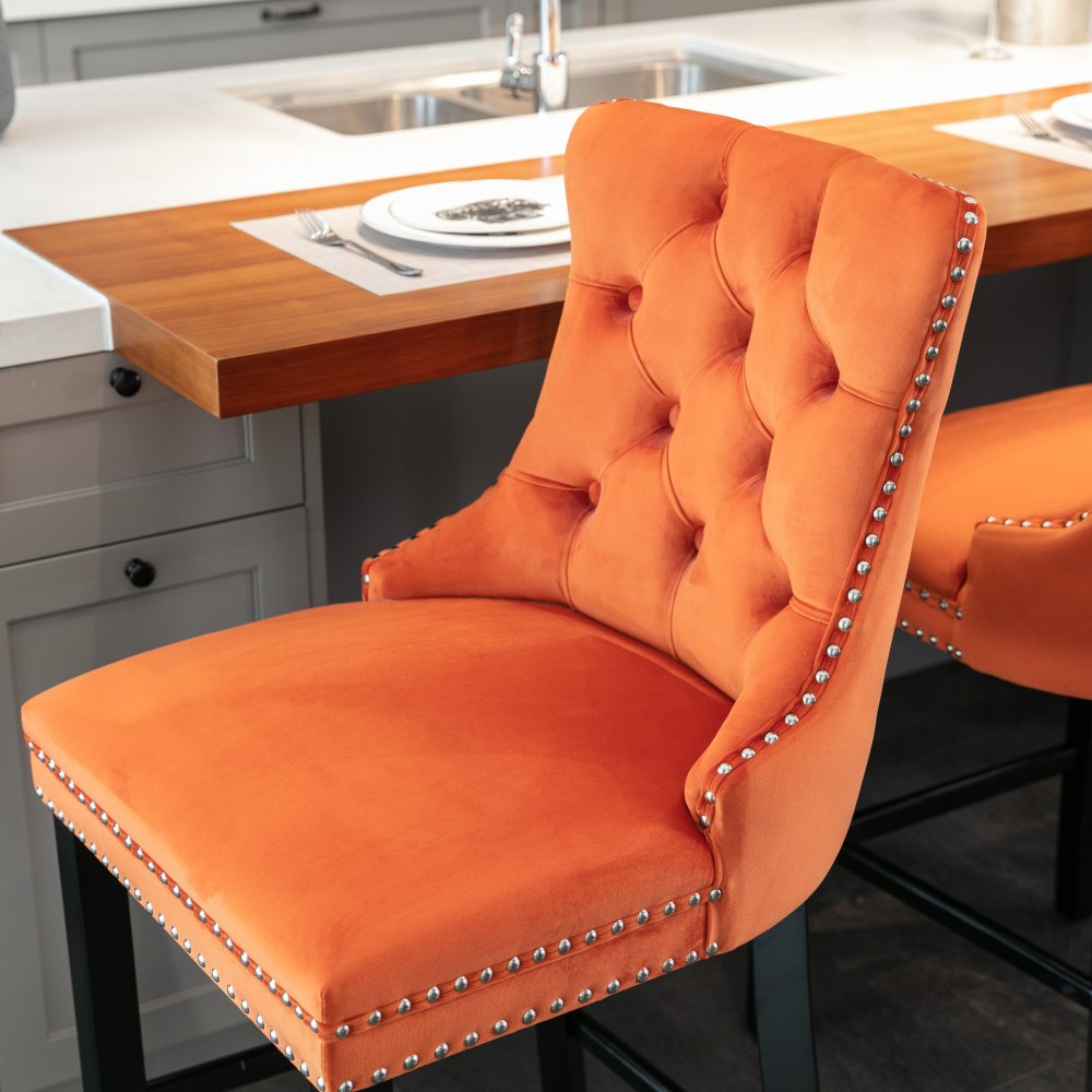 Barstoel – Barkruk – Barstoelen – Keukenstoel – Barkrukken – Set Van 2 – Modern Oranje Velvet – Hoog Rugleuning – Houten Poten – Verstelbare Zithoogte – Comfortabele Kussens – 136 kg Draagvermogen