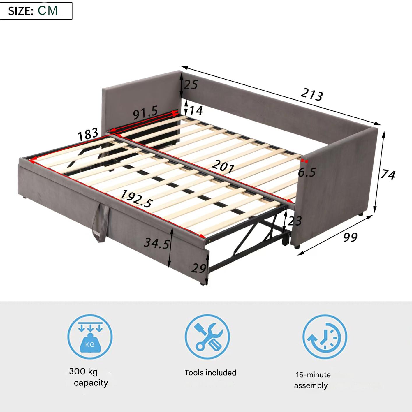 Gestoffeerd Bed – Uittrekbed – Slaapbank – Bedbank – Dagbed – Multifunctioneel – 90/180x200 cm – Fluwelen Bekleding – Lattenbodem