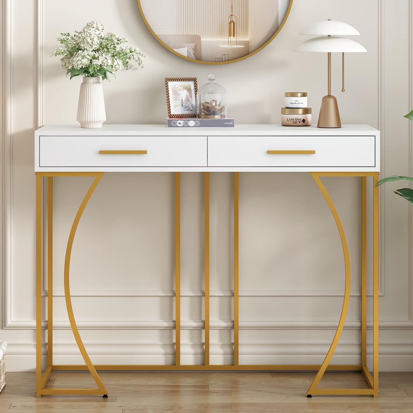 Sidetable – Consoletafel – Wandtafel – Haltafel – Bijzettafel – Modern – Met 2 Laden – Metaal Frame – Wit Met Gouden Poten – Compact 120x38x76 cm