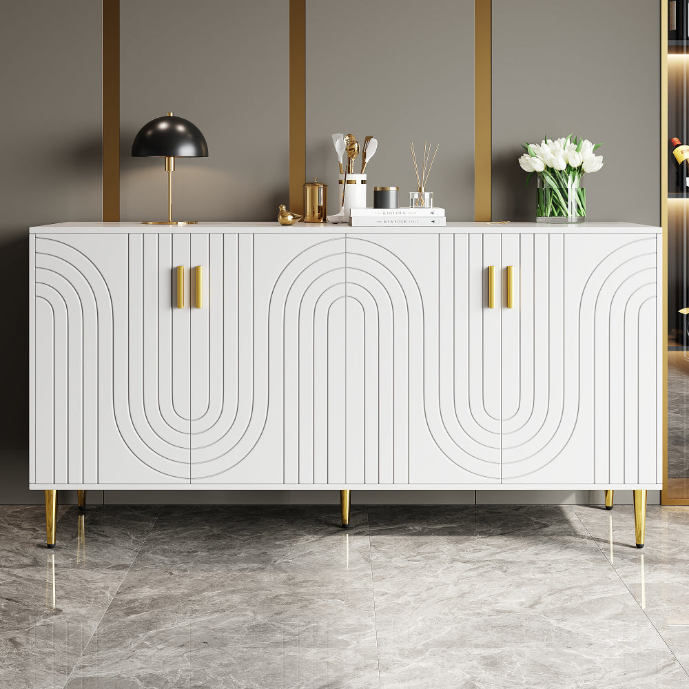 Wit Sideboard – Dressoir – Buffetkast – Opbergkast – Eetkamerkast – Uniek Golf Design – Gouden Handgrepen en Poten – 152 x 40 x 75 cm – Multifunctionele Opbergruimte