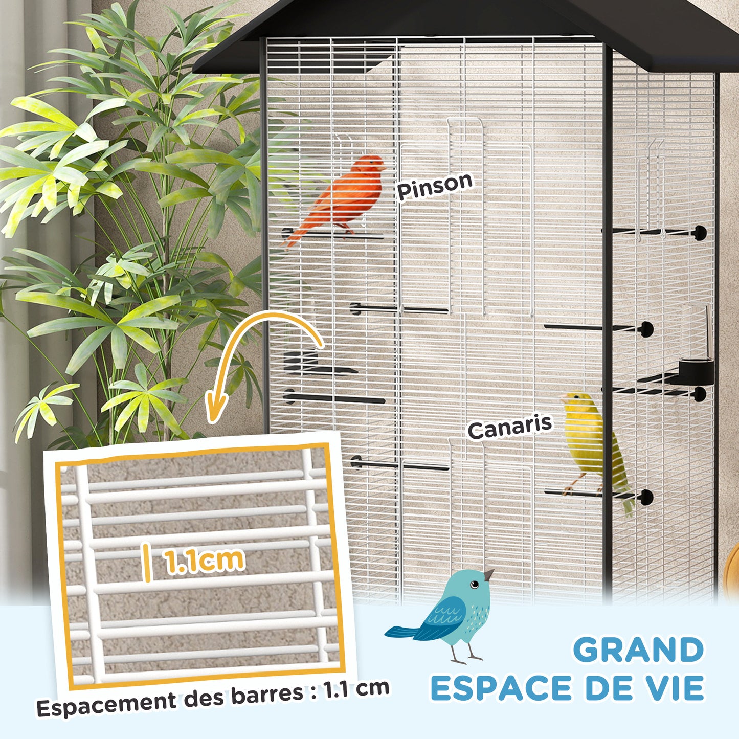 Vogelkooi – Vogelkooi Op Standaard – Vogelkooi Op Wielen – Vogelkooi Binnen – Vogelkooi Met Lade – Ruime Binnenkooiverdeling – Inclusief 2 Voeders En 8 Zithokken – Stalen Draad Zwart – 79x65x155 cm