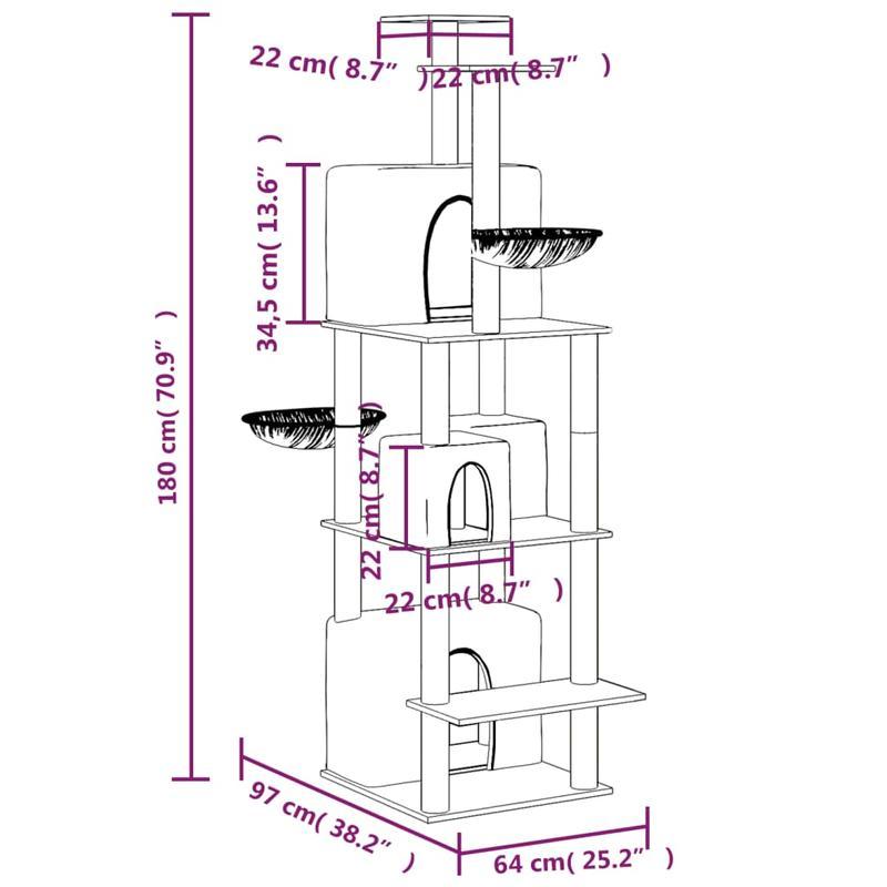 Krabpaal – Kattenklimrek – Kattenboom – Krabmeubel – Kattenhuis – Lichtgrijs – 180 cm Hoog – Duurzaam Plywood Met Sisal