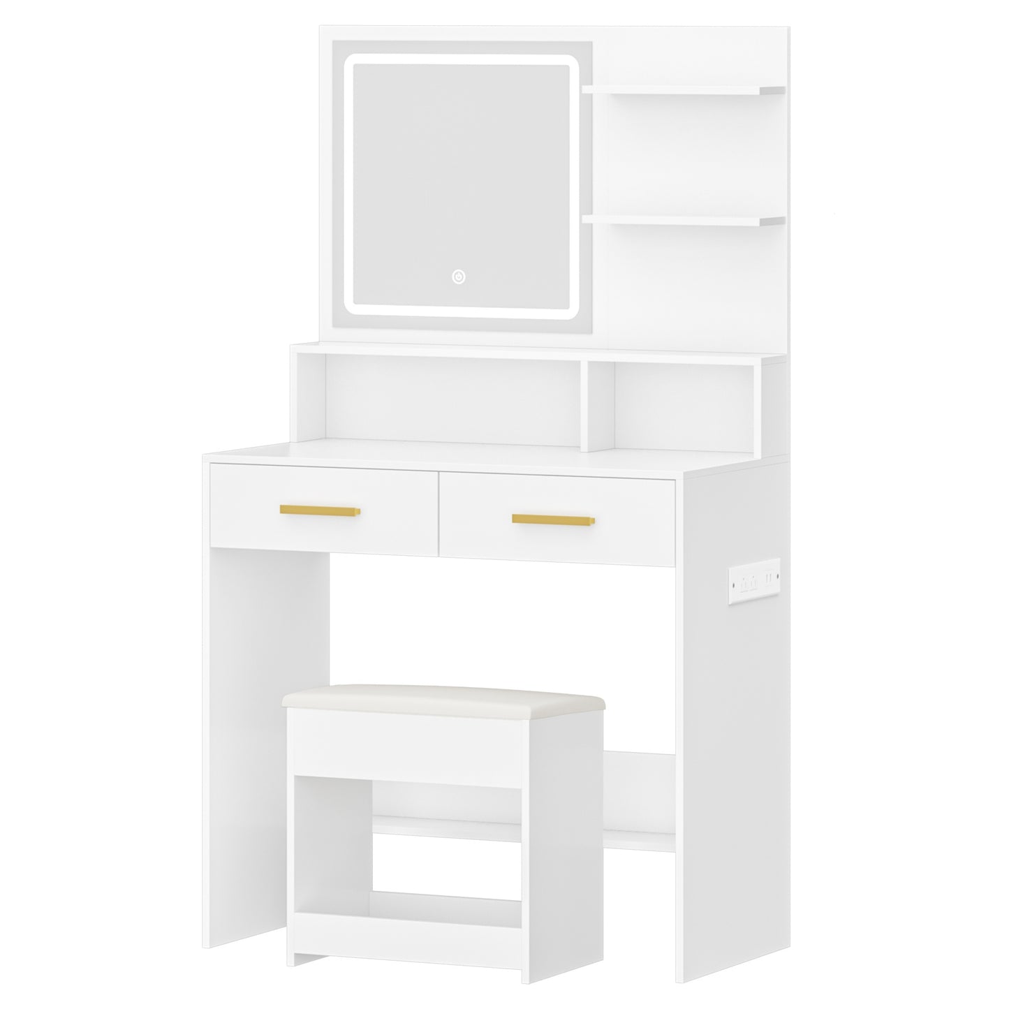 Jewelry Cabinet, Dressing Table With Adjustable LED Lights, Accessory Storage, Rechargeable AC Socket And USB Port, Vanity Makeup With Soft Dressing Stool, 2 Drawers, Open Organisers, For Bedroom, Cloakroom, White, Jewelry Bo - QUORE