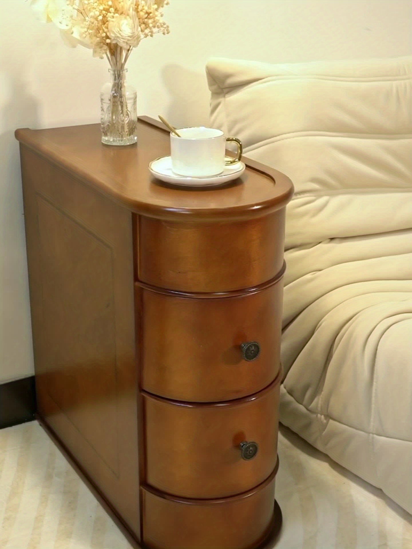 Slim Space-Saving Sofa Side Table with 2-Drawer Storage - Freestanding Narrow Accent Cabinet, No Assembly Required, Brown Wood-like, Compact End Table/Nightstand with Smooth Surface & Arch Design for Living Room, Bedroom, Sma