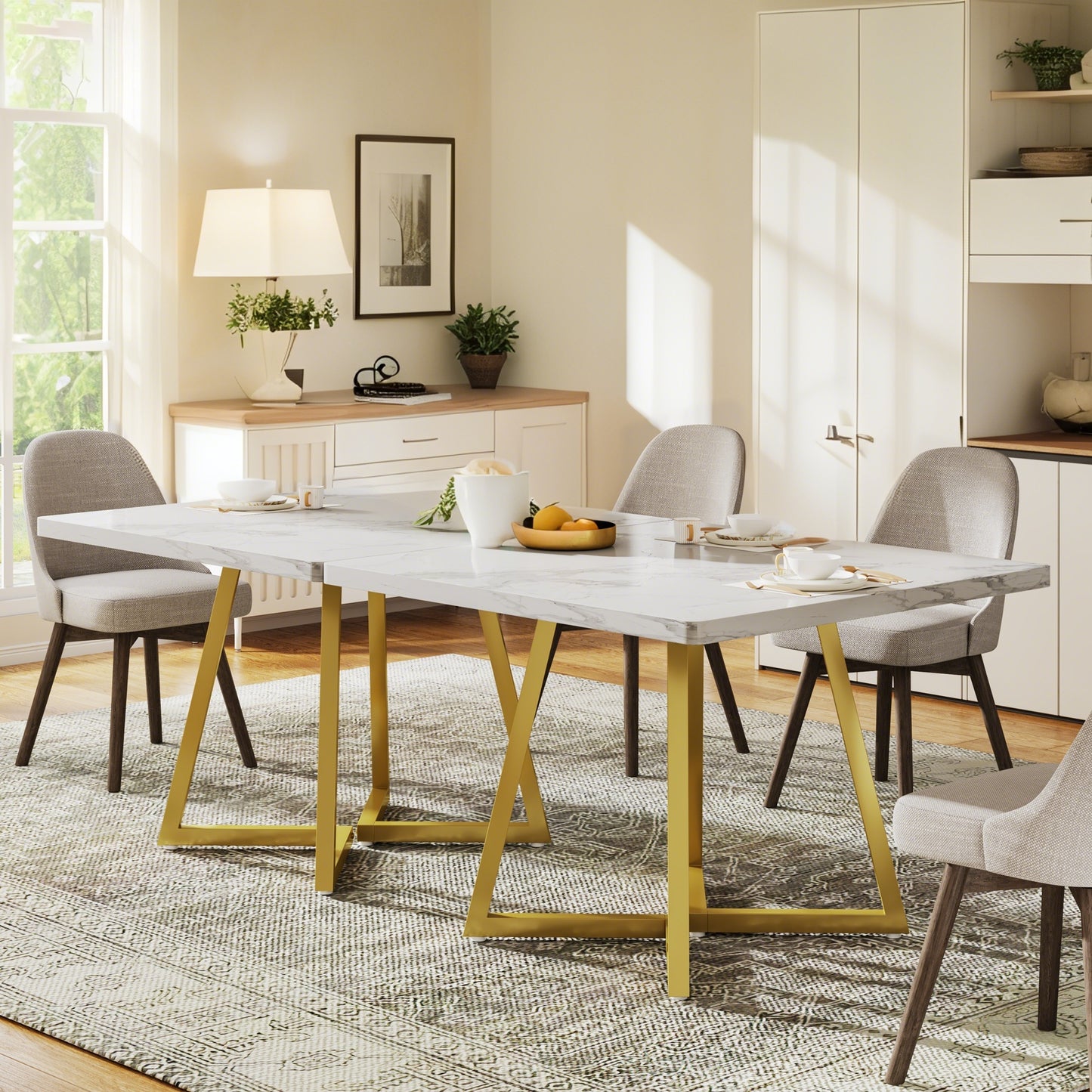 Eettafel – Tafel – Keukentafel – Eetkamertafel – Vierkante tafel – Modern design – Ruimtebesparend – Stevig metalen onderstel – Dik 3 cm MDF blad – Wit en goud