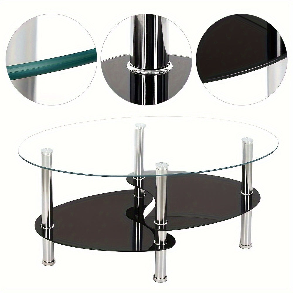 Salontafel – Koffietafel – Woonkamertafel – Lage Tafel – Ovalen Tafel – Gehard Glas – Metalen Poten – 2 Opbergniveaus – 90x50x43 cm