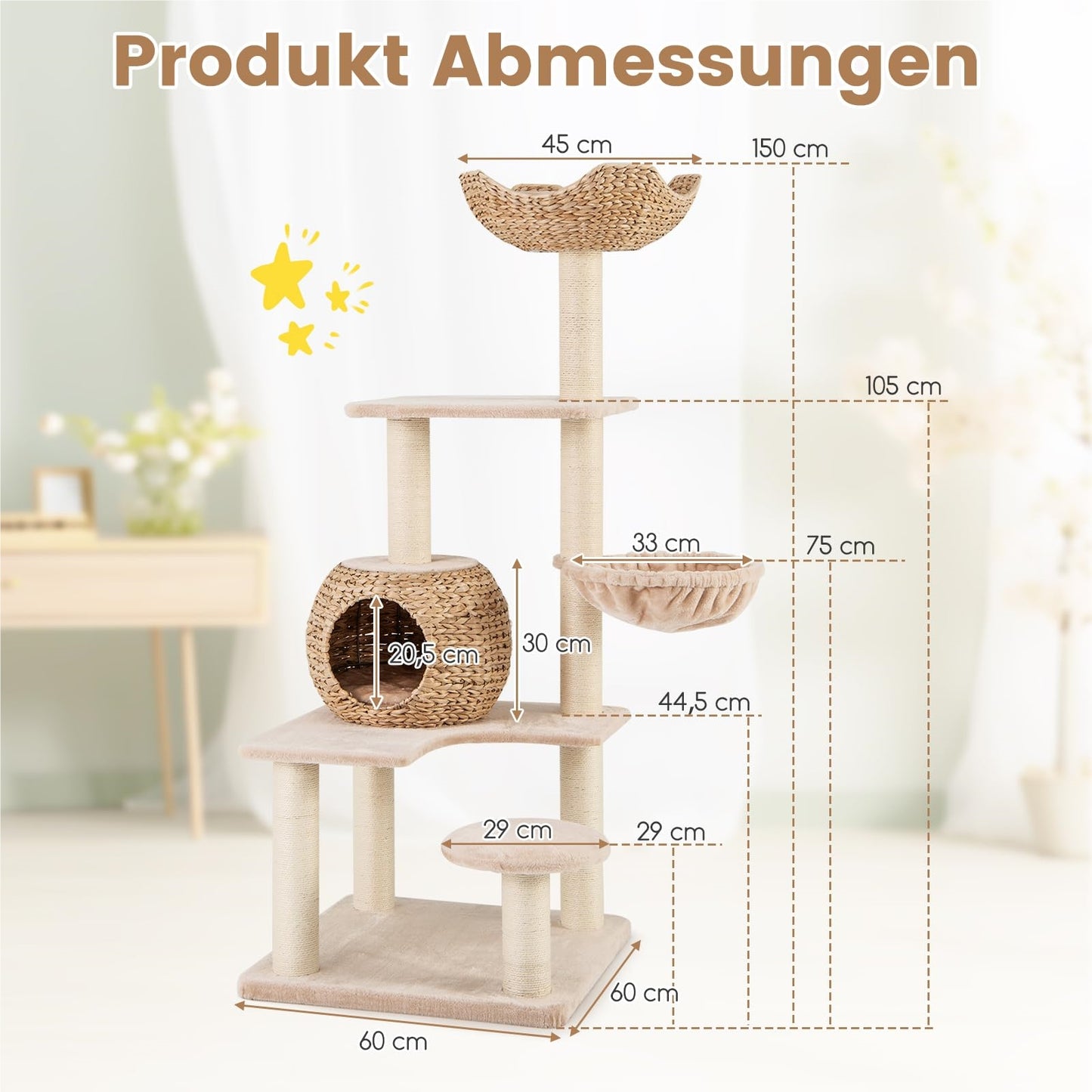 Krabpaal – Kattenkrabpaal – Kattenboom – Krabmeubel – Kattenhuis – 150 cm Hoog – Natuurlijk Riet en Sisal