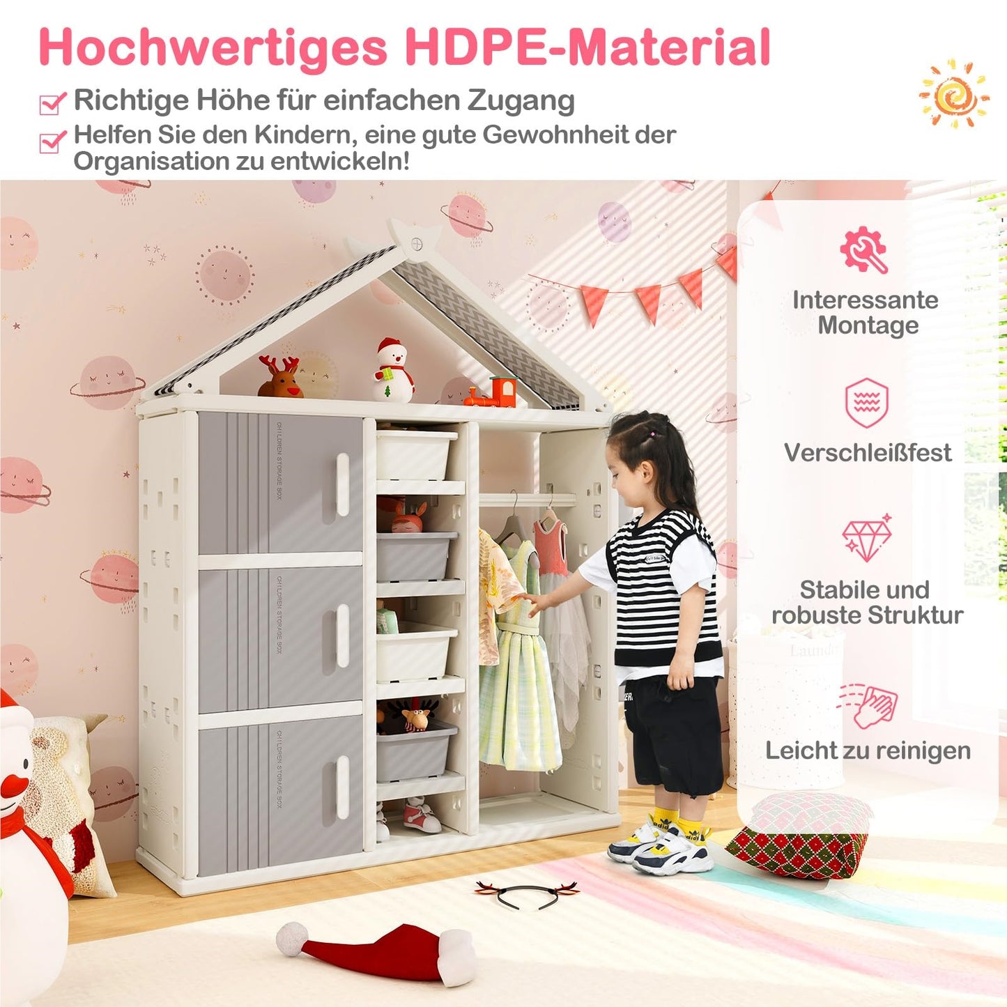 Kinderkast Huisvorm – Speelgoedkast – Boekenplank – Opbergrek – Kledingrek – Grijs – 4 Opbergboxen – Veilig HDPE Materiaal