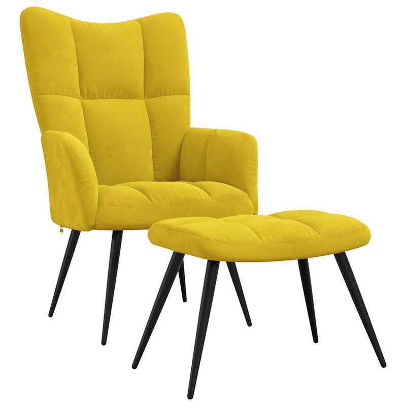 Fauteuil – Loungestoel – Relaxstoel – Zitstoel – Mustard Geel Fluweel – Inclusief Voetenbank – Afneembare Bekleding