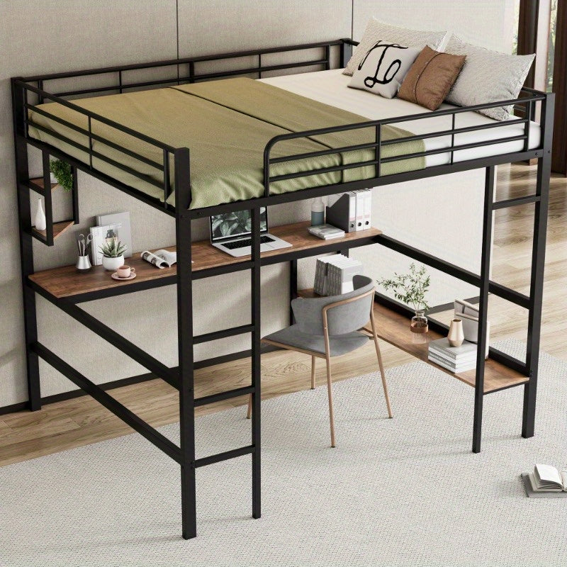 Hoogslaper – Metalen Bed – Stapelbed – Loftbed – Werkplek Bed – Ingebouwd Bureau – Opbergrekken – Stevige IJzeren Constructie – Ruimtebesparend Ontwerp
