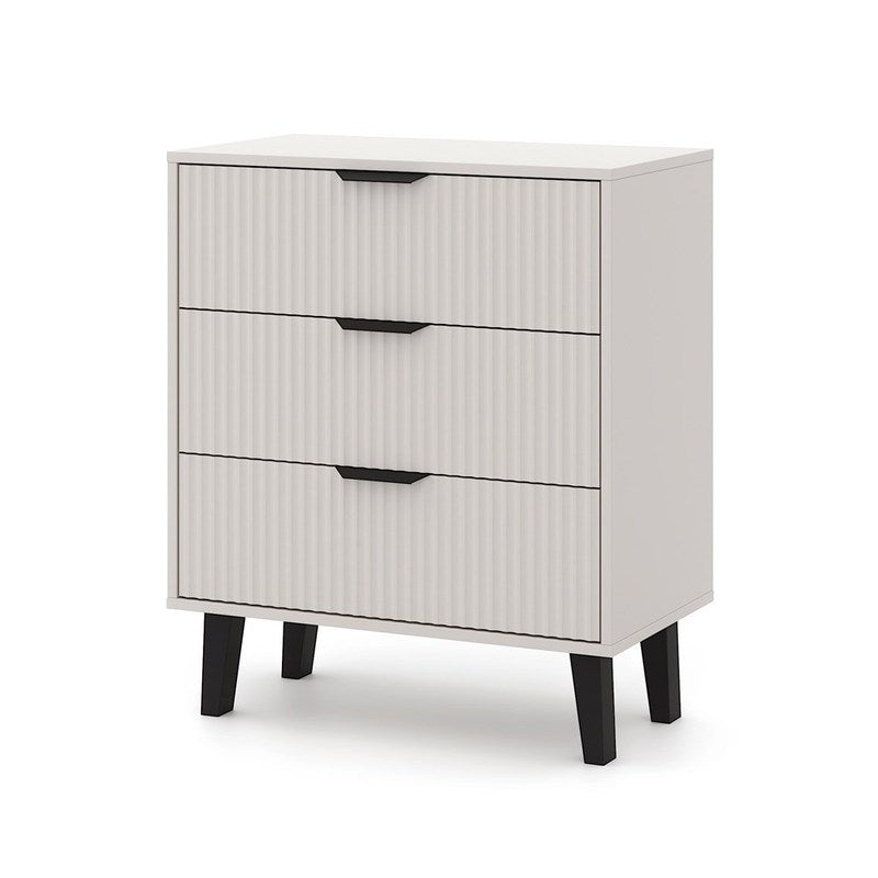 Ladekast – Dresser – Ladekastje – Opbergmeubel – Kabinet – Cashmere Beige Kleur – 3 Ruime Lades – Geribbelde Fronten – Zwarte Poten