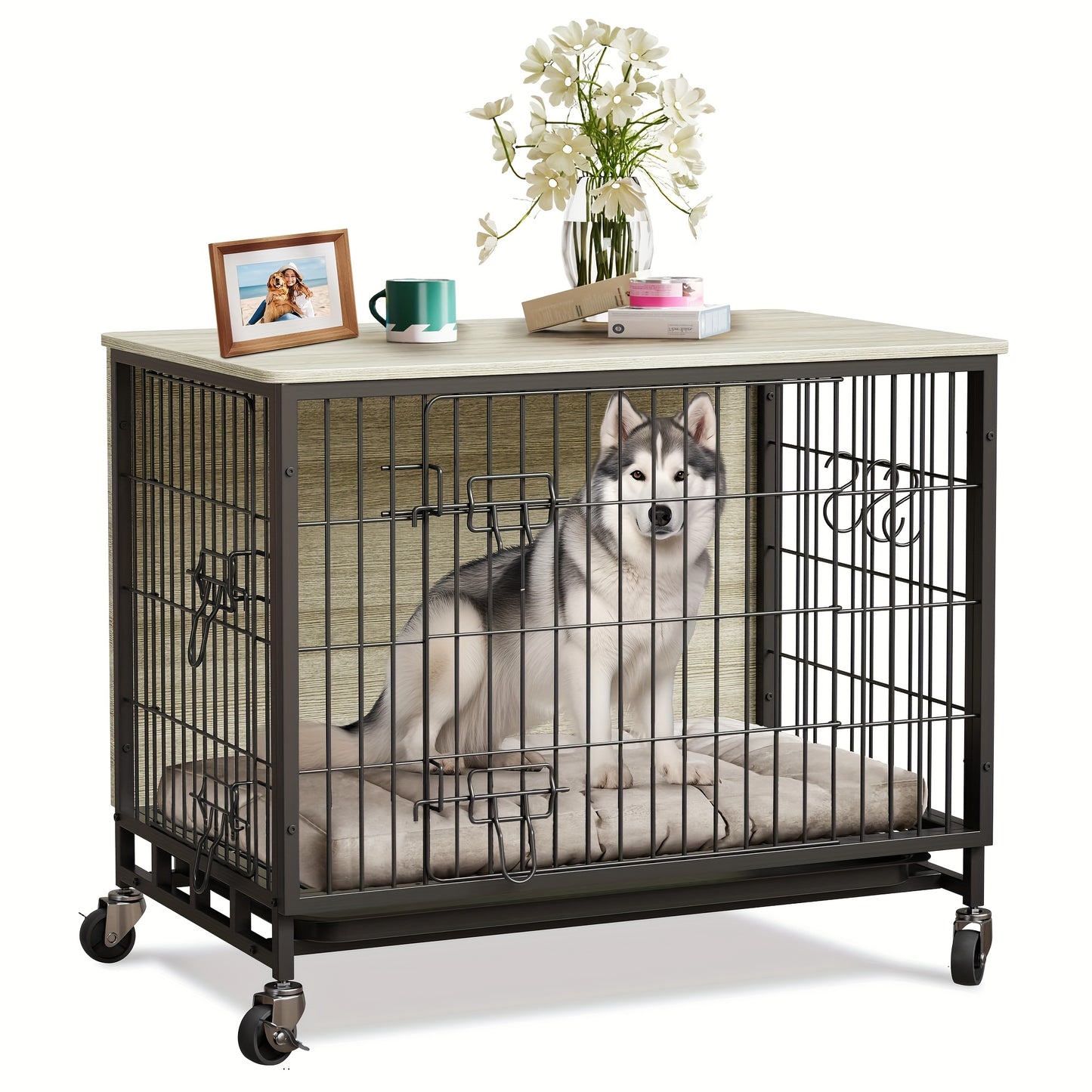 Hondenbench – Hondenkooi – Hondenhuisje – Bench Hond – Hondenhok – Hout – Dubbele Deuren – Met Wieltjes – Grijs – 70x50 cm – Voor Kleine en Middelgrote Honden