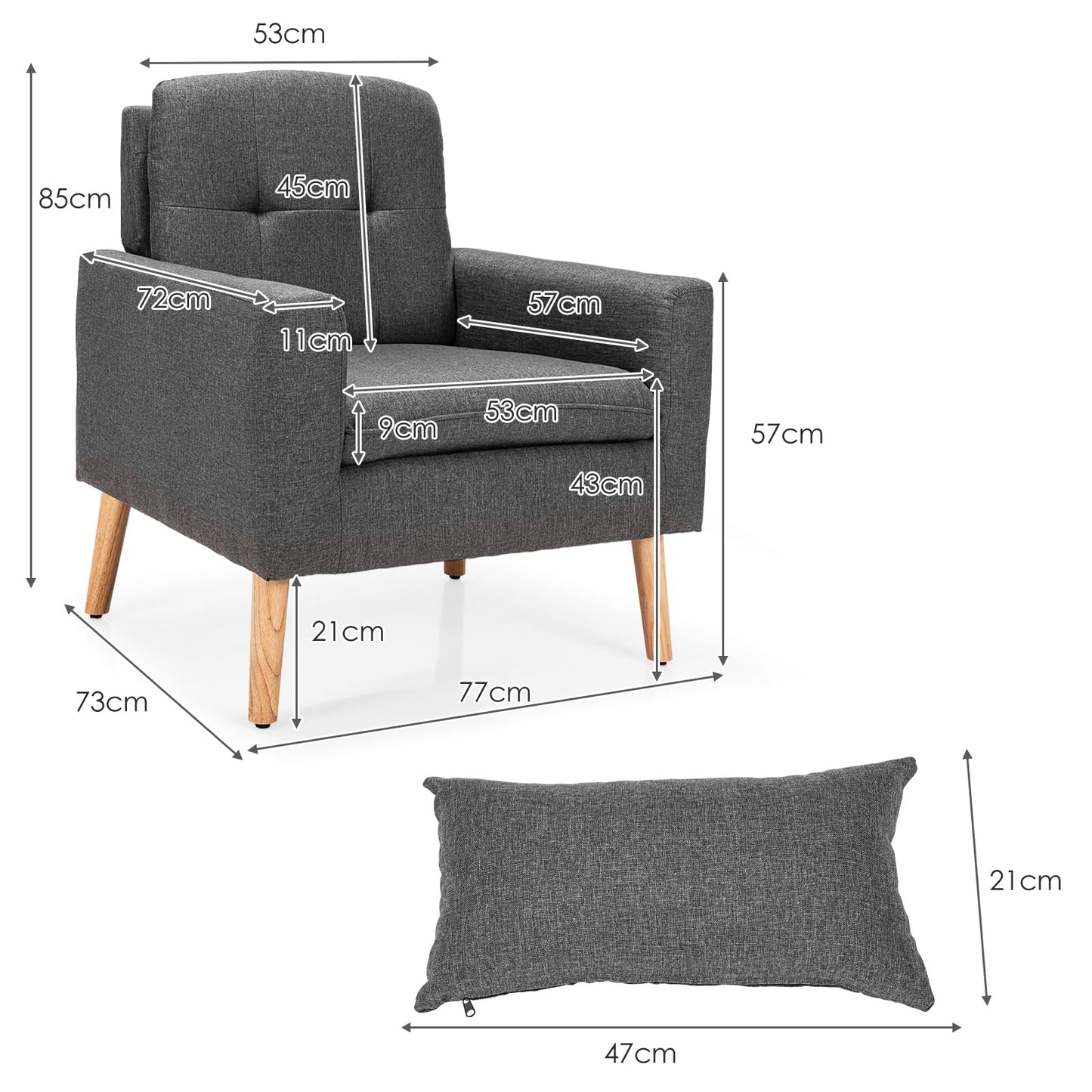 Moderne Accentstoel – Fauteuil – Loungestoel – Leunstoel – Relaxzetel – Linnen Stof – Ergonomisch Design met Verstelbare Voetpads – Comfortabele Kussens met Lendensteun – Grijs