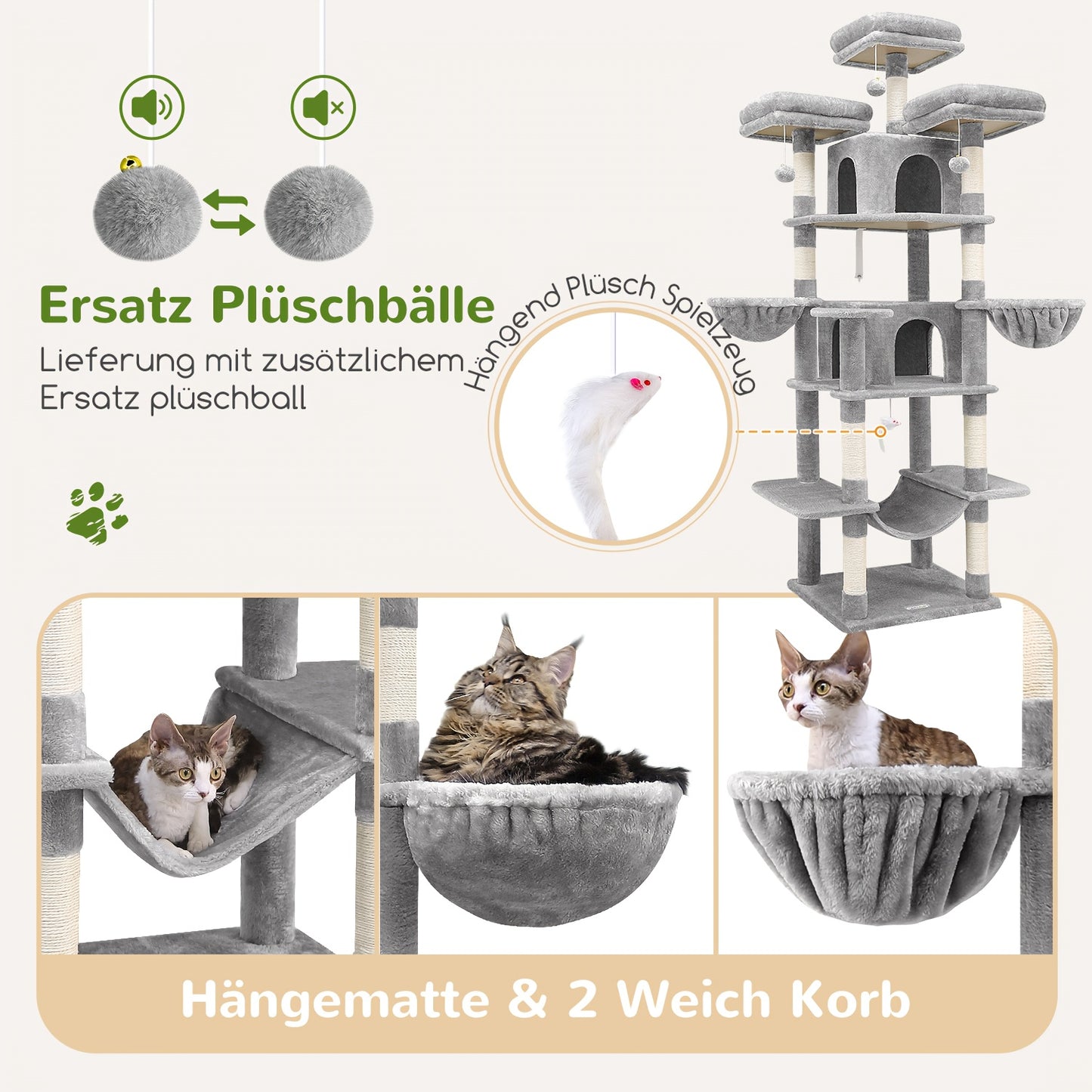 Krabpaal – Krabmeubel – Kattenmeubel – Klimpaal – Hangmatpaal – Donkergrijs – 183 cm Hoog – 6 Krabpalen & Hangmat – Geschikt Voor Grote Katten >9 kg