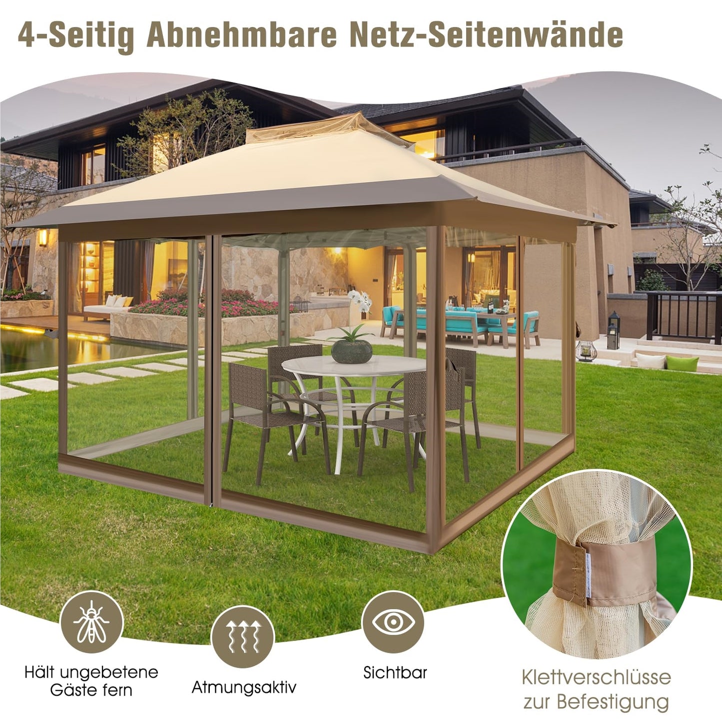 Vouwbare Partytent – Tuinpaviljoen – Overkapping – Terras Tent – Pergola – Met Muggennet – Dubbele Waterdichte Dak 3,6x3,6m – UV Bescherming 50+