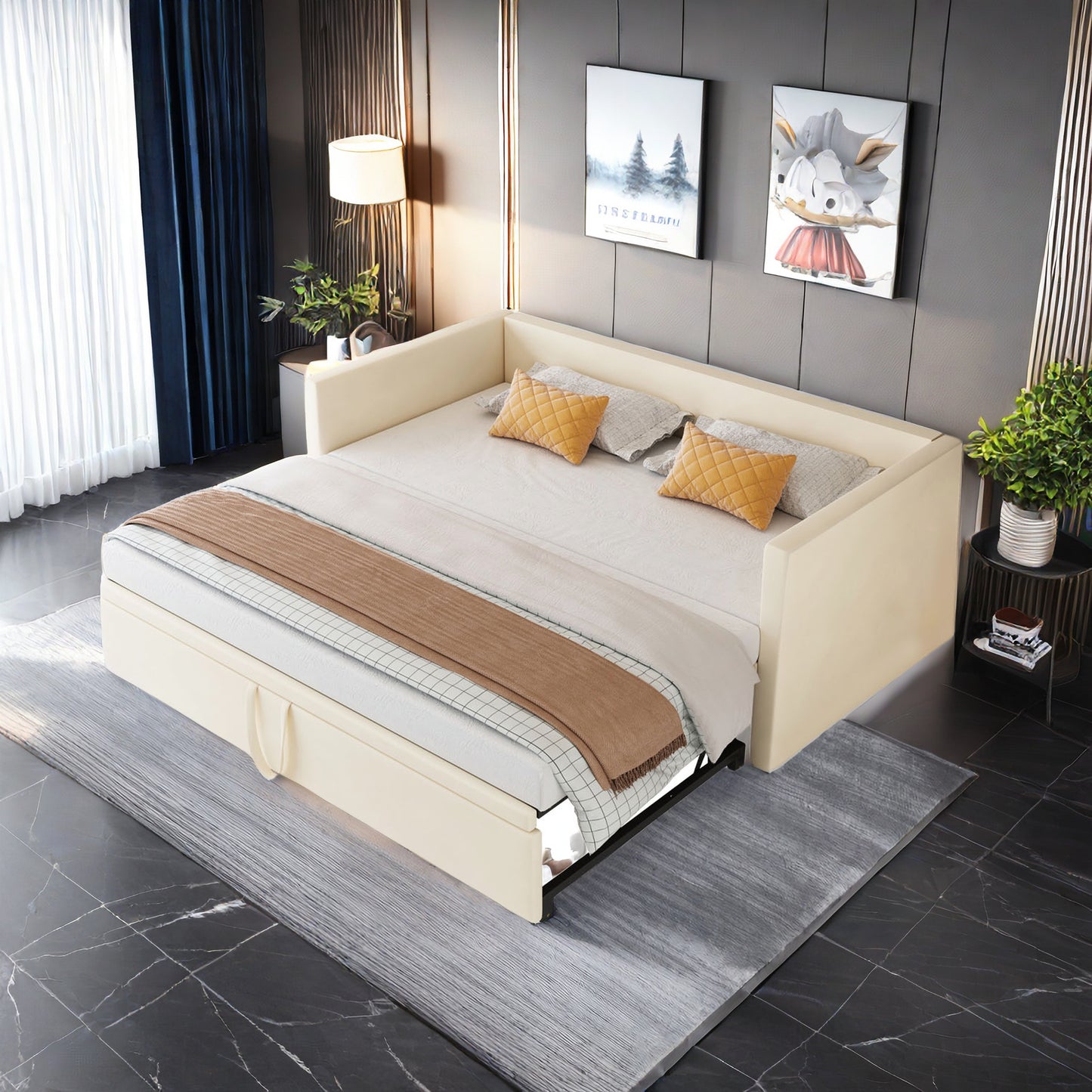 Uitschuifbare Slaapbank – Slaapbank Bedbank – slaapbed – slaapbank 2-persoons – bedbank uitschuifbaar – Velvet Stof – 90/180 x 200 cm – Met Lattenbodem – Beige