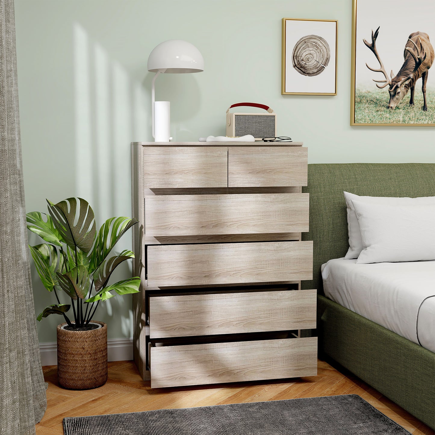 Commode – Ladekast – Dressoir – Kast – Opbergkast – Natuurlijk Hout – 6 Lades – Anti-Kantelbeveiliging – Strak Minimalistisch Design