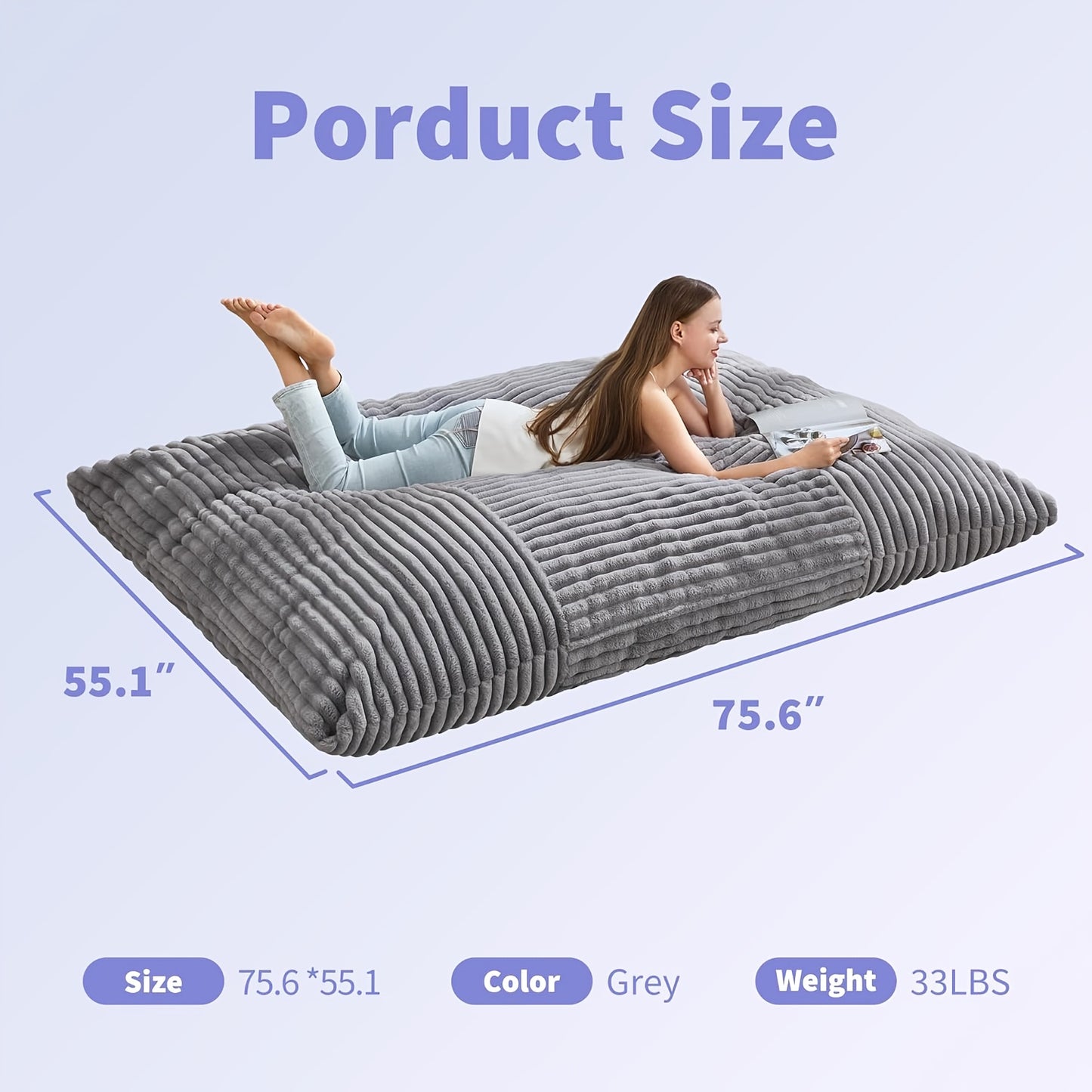Zitzak – Poef – Fauteuil – Vloerbank – Slaapbank – Multifunctioneel 3-in-1 Design – Hoogwaardig Vormvast Schuim – Wasbare Donkergrijze Hoes