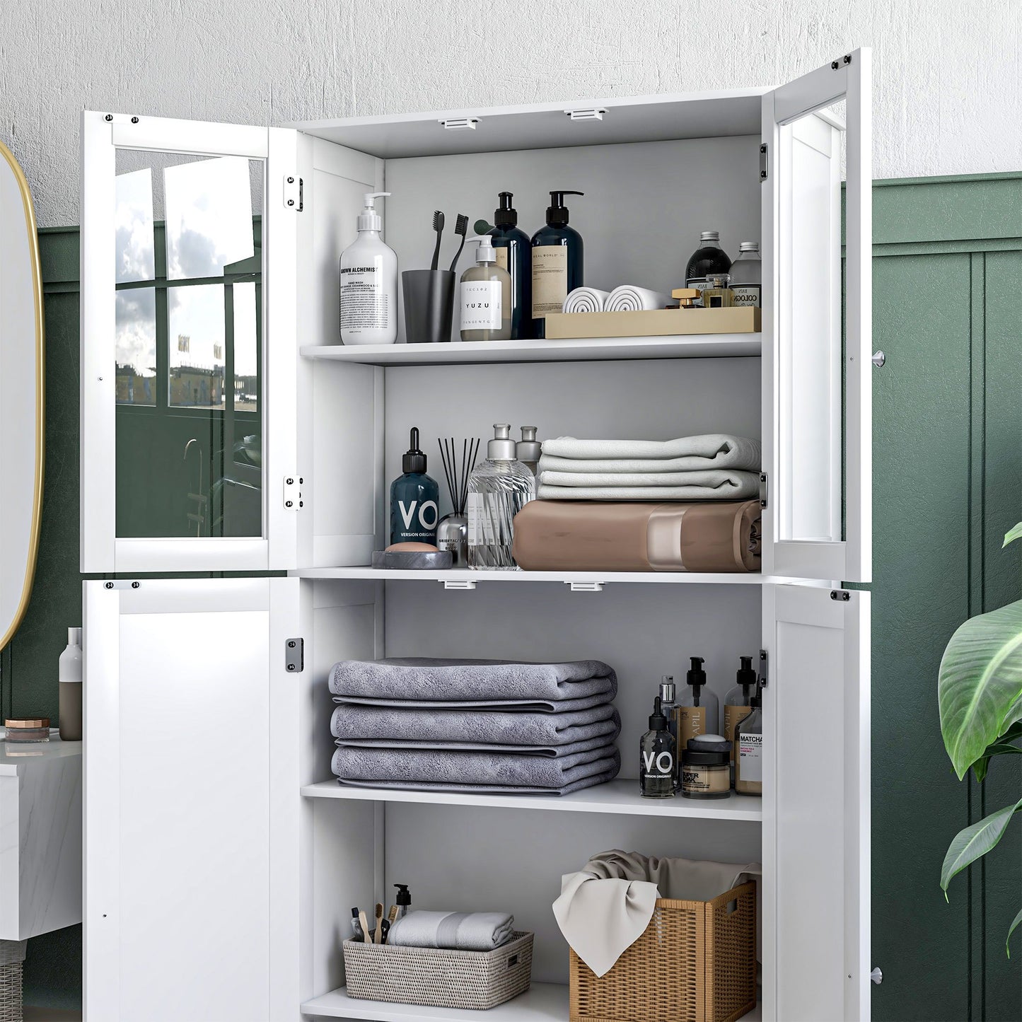 Badkamerkast – Opbergrek – Opbergmeubel – Dressoir – Linnenkast – Wit – Anti-Kantel Systeem – Temperglas Deuren – 60x30x160 cm