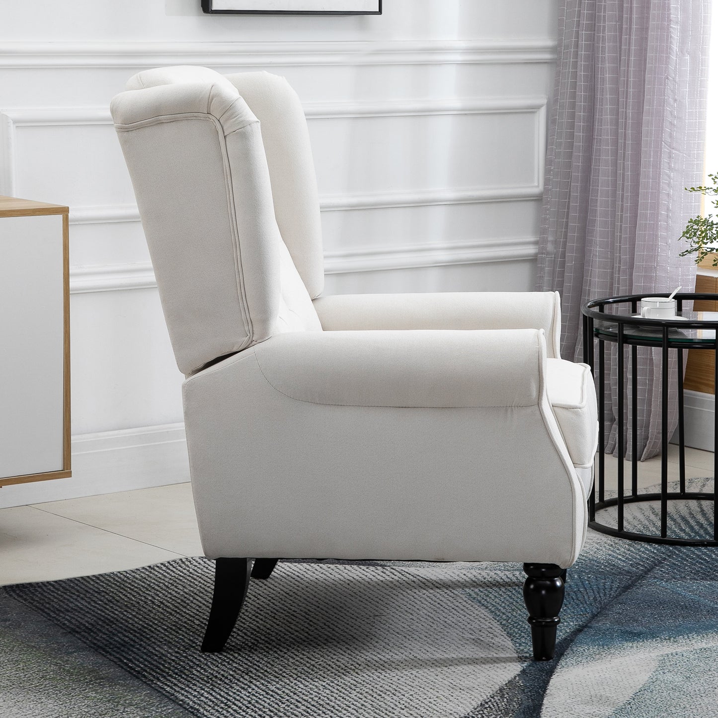 Fauteuil – Relaxstoel – Loungestoel – Accentstoel – Zithoekstoel – Creme Wit – Knopen Gestoffeerde Rugleuning – Stevige Houten Poten