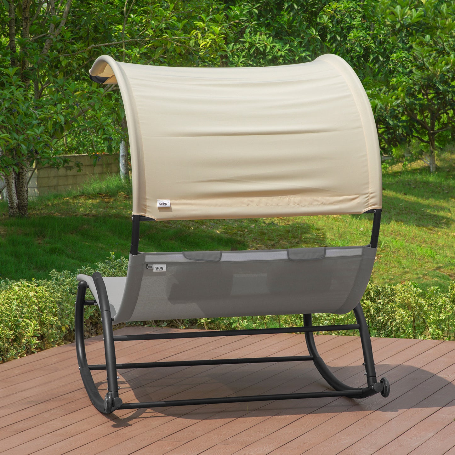 2-Persoons Loungeset – Tuinlounge – Buitenmeubel – Zandstrand Set – Verstelbare Rugleuning – Ingebouwde Parasol – Weerbestendig Metalen Frame