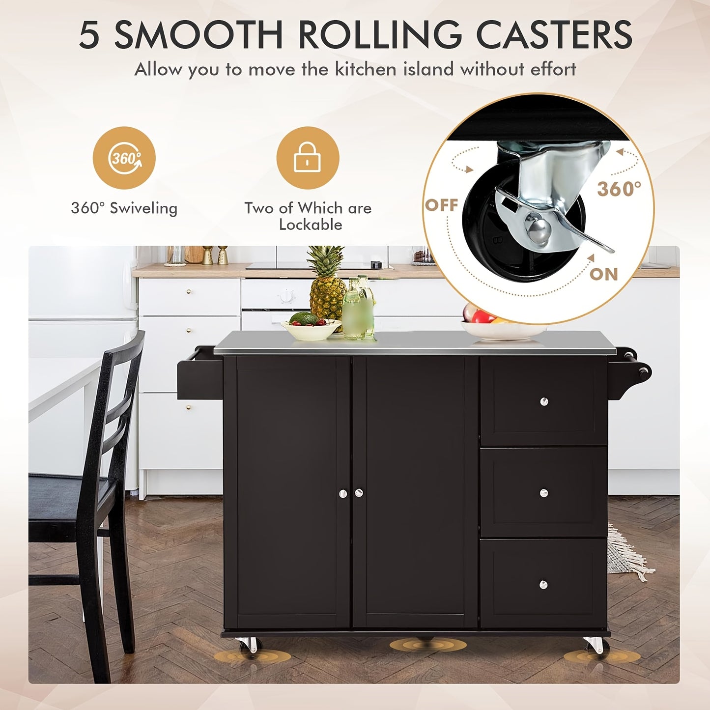 GOFLAME Stainless Steel Kitchen Cart with 3 Drawers & Adjustable Shelf - Mobile Rolling Island Cart on Wheels, Dark Brown, Sturdy MDF Hardwood Construction, Easy Assembly, Space-Saving Design for Modern Kitchens, Kitchen Cart