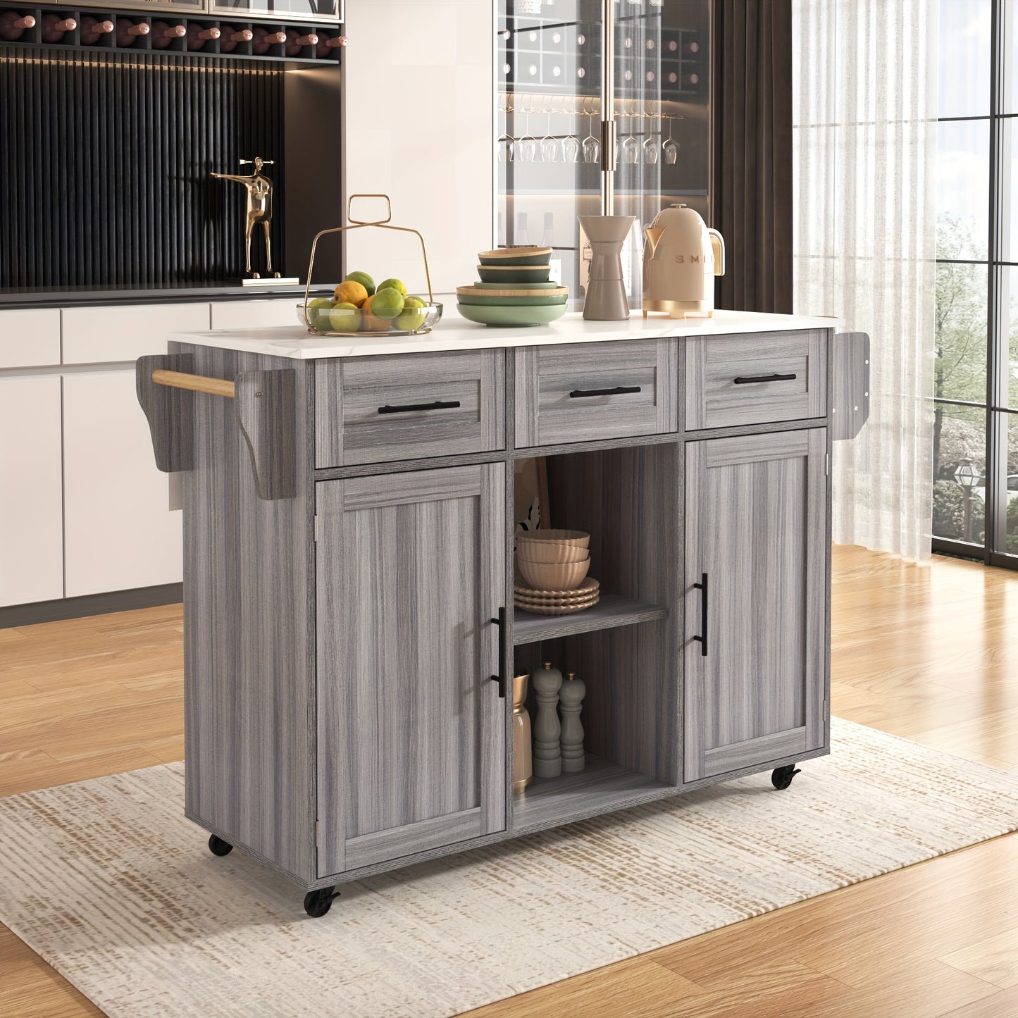Dressoir – Opbergkast – Ladekast – Buffetkast – Wandkast – Grijs Houten Fineer – Wit Marmeren Werkblad – Inklapbare Werktafel – Compact 139x46(71)x91,5 cm