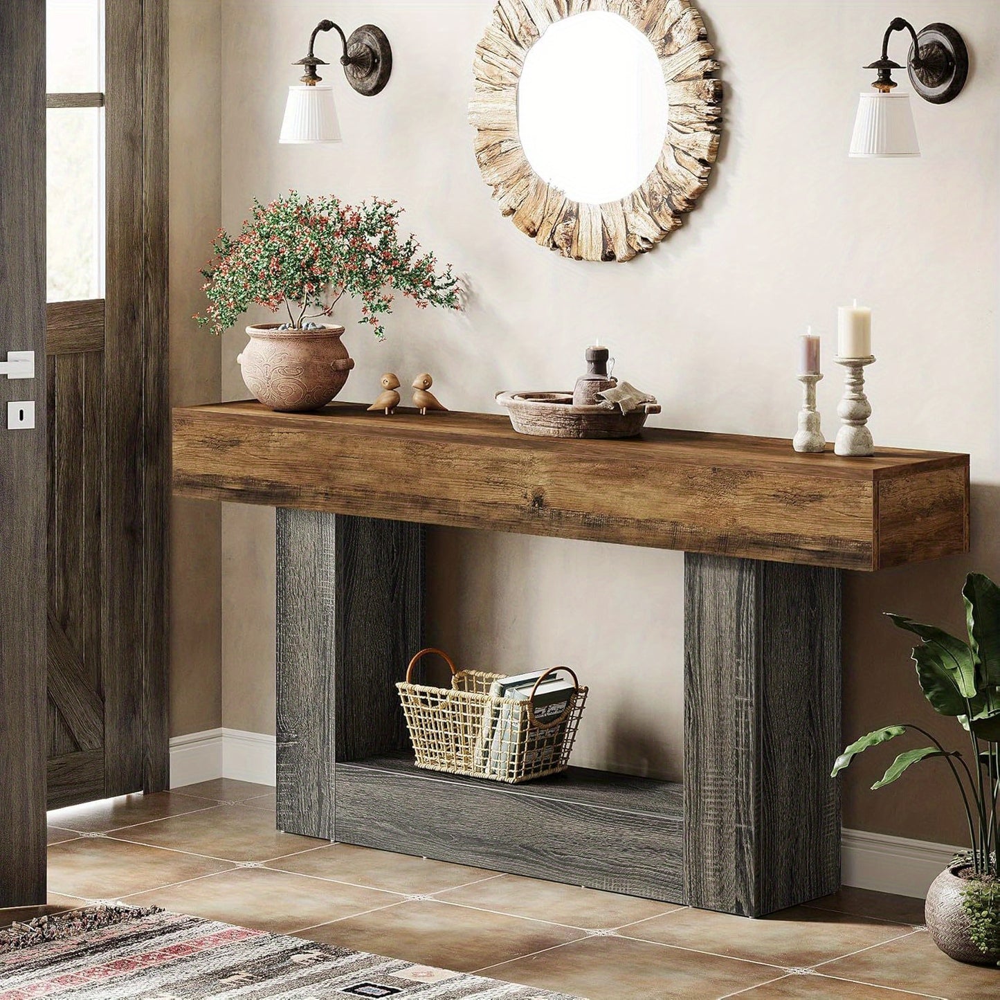 Sidetable – Wandtafel – Consoletafel – Haltafel – Bijzettafel – Landelijke Rustieke Stijl – 160x30x82 cm – Houten Twee Niveaus