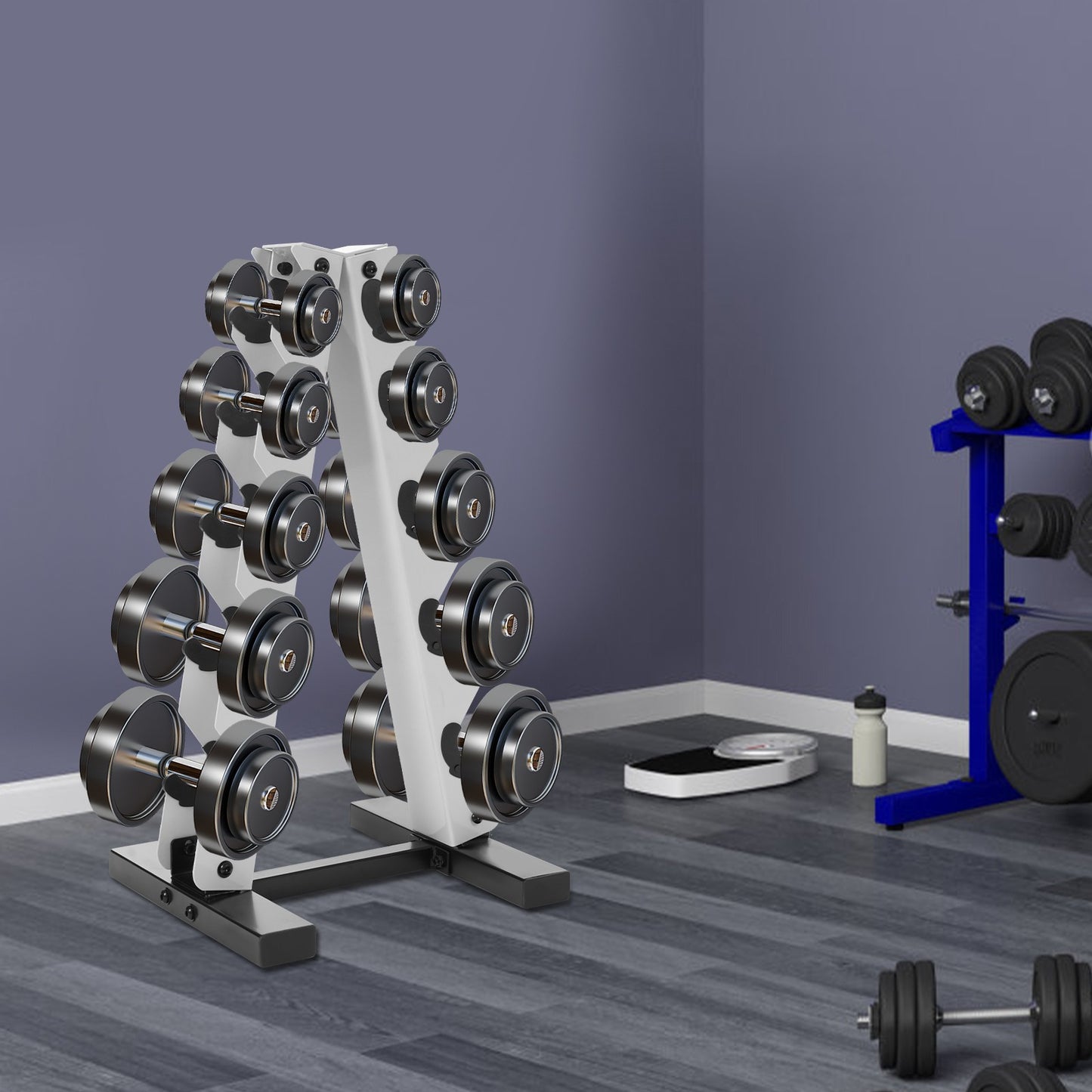 Halterschijfrek – Dumbbell Rek – Gewichtenrek – Schijvenstandaard – Opbergrek – Wit – 5 Laags A-Frame Design – Stijlvol en Ruimtebesparend