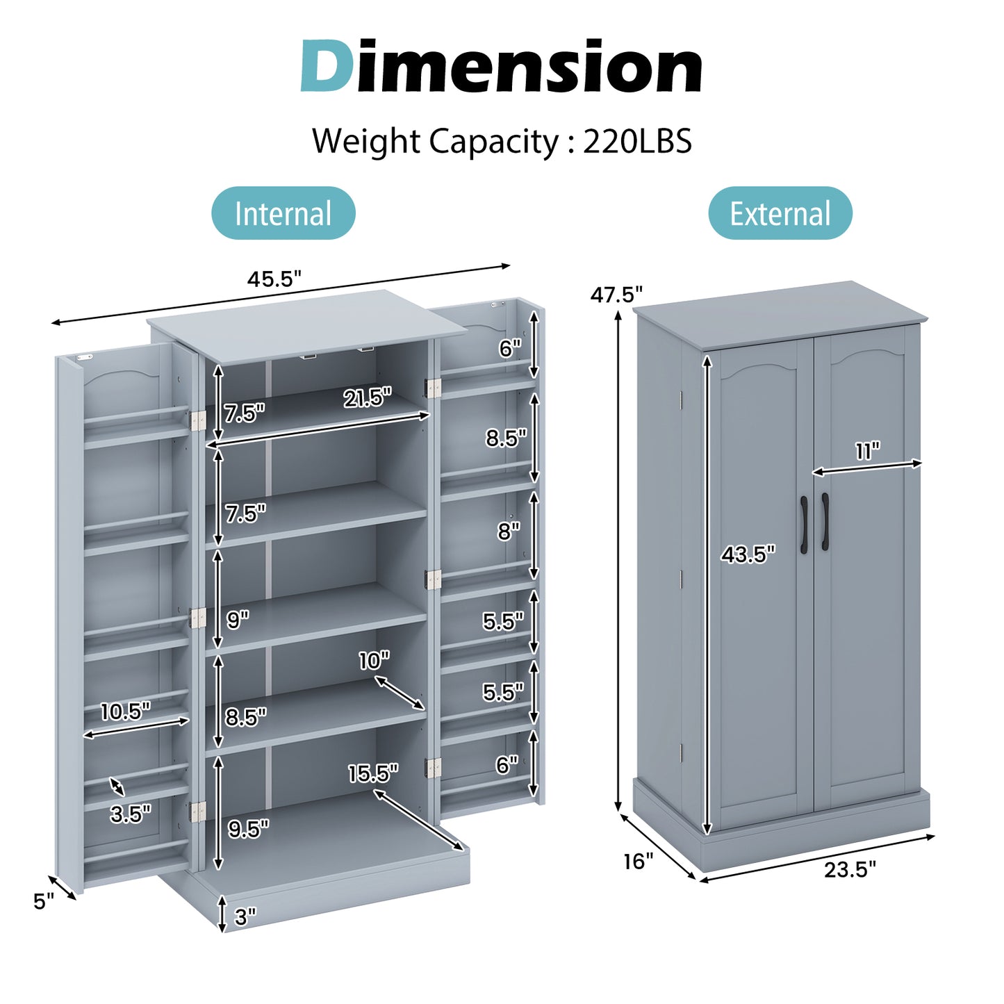 Buffetkast – Dressoir – Opbergkast – Keukenkast – Voorraadkast – 12 Zijplanken – Verstelbare Planken – Anti-Kantel Beveiliging – Grijs – 60 x 40 x 120,5 cm