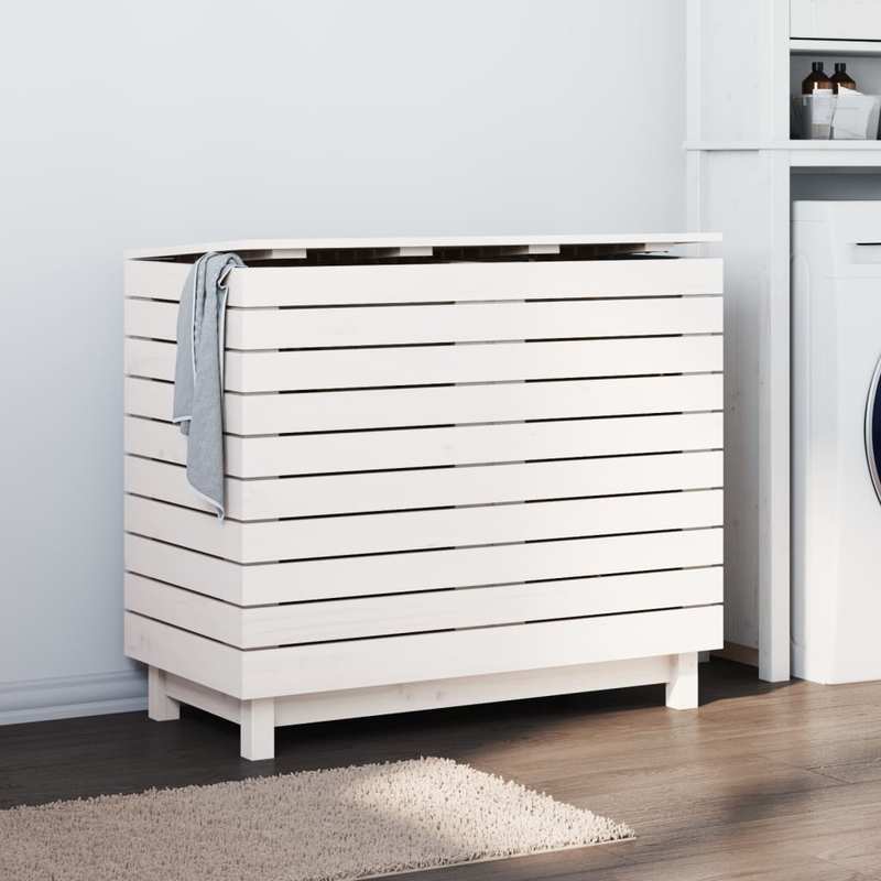Wasmand – Wasbox – Wassorteerder – Waszak – Opbergmand – Massief Grenenhout – Groot Formaat 88,5x44x76 cm – Witte Afwerking