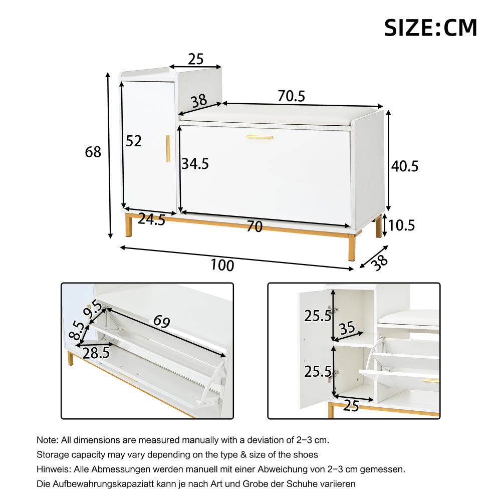Schoenenkast – Schoenenopberger – Schoenentoren – Schoenmeubel – Schoenenrek – Modern Wit Met Gouden Accenten – Ruimtebesparend 100x38x68 cm – Met Zitting En Verborgen Uittrekbare Schoenlade