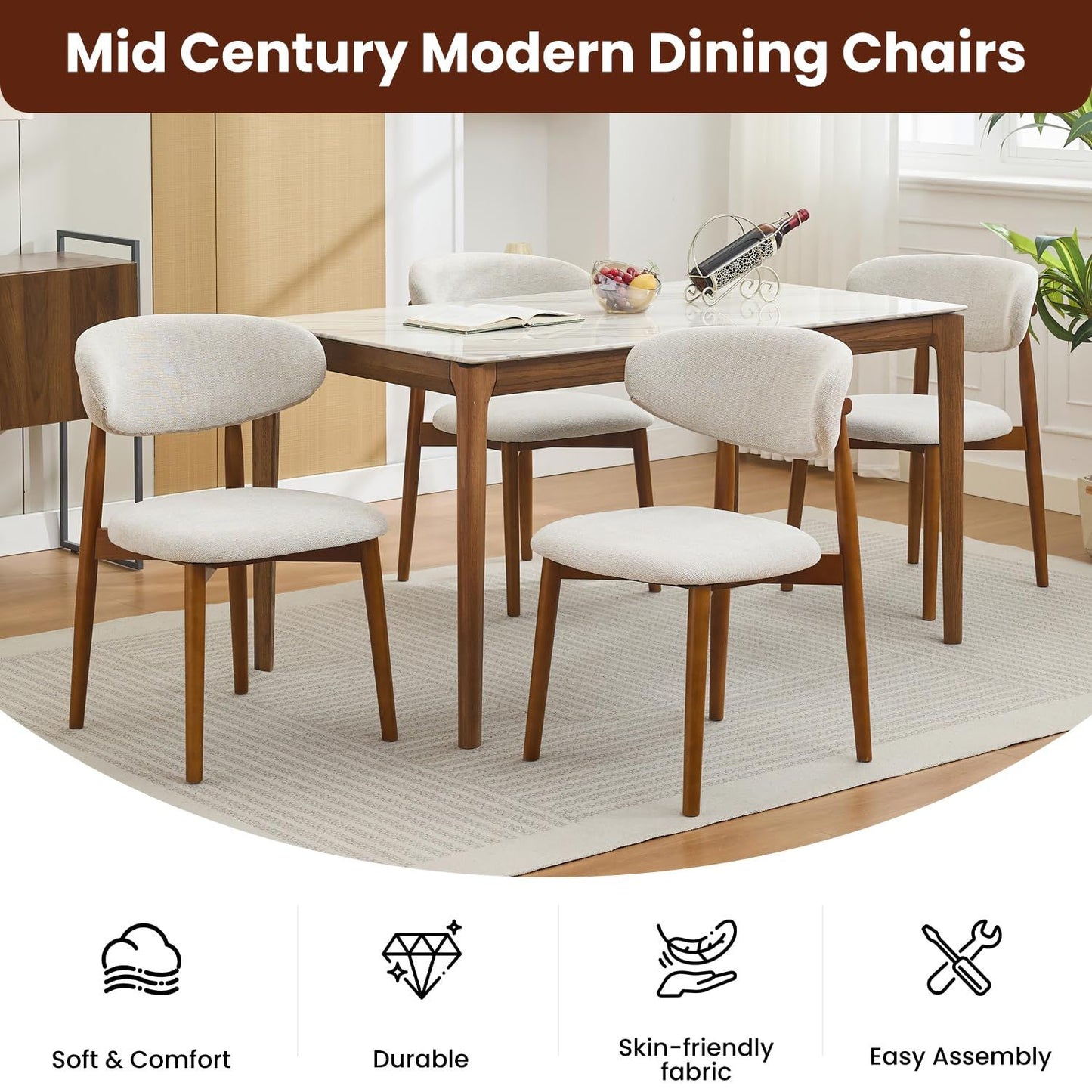 Eetkamerstoelen – Houten Stoelen – Stoelen Set – Linnen Stoel – Keukenstoelen – Beige Linnen Bekleding – Stevige Hardhouten Poten