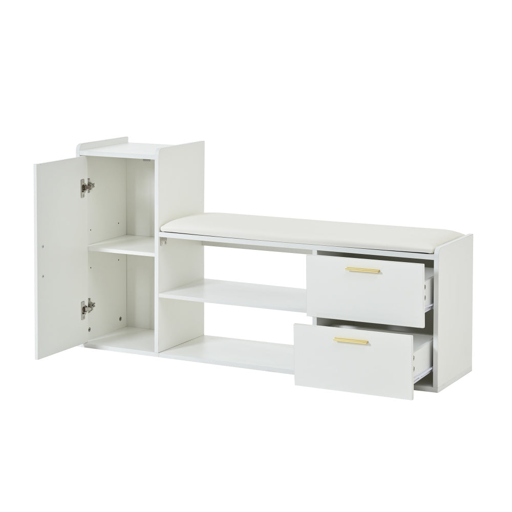 Modern White Metal Shoe Cabinet with Bench & 2 Drawers - Glossy Storage Shoe Rack with Cushioned Seat, Space-Saving Entryway Organizer for Hallway, Living Room, Office - Durable Metal Construction, No Electrical Required